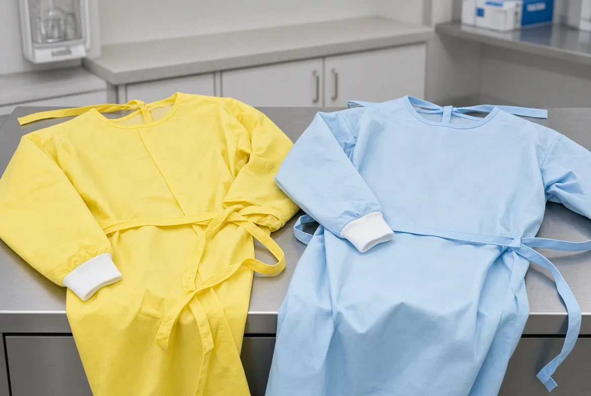 Yellow and blue isolation gowns with knit cuffs and waist ties