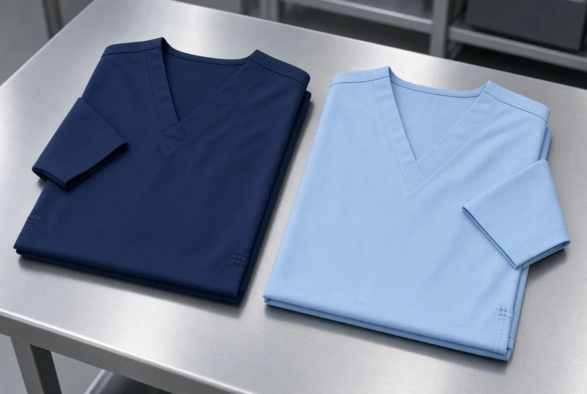 Medical scrub sets in light blue and navy
