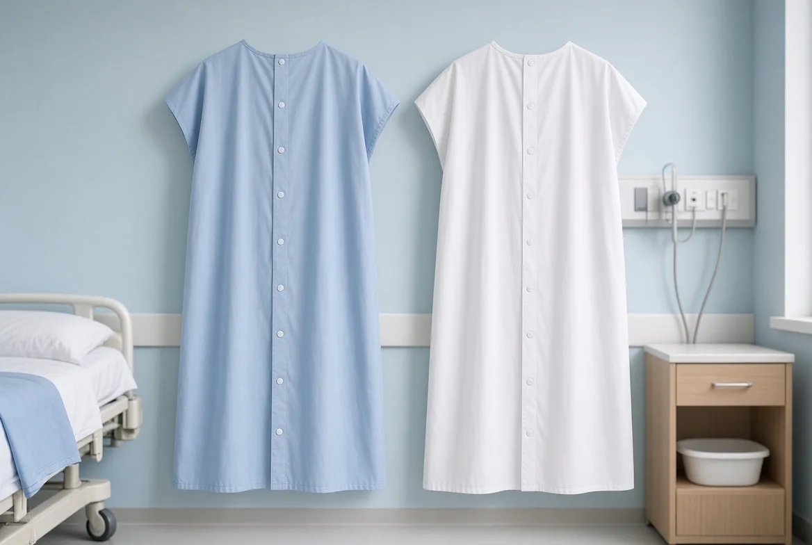 Patient gowns on hangers beside a hospital bed