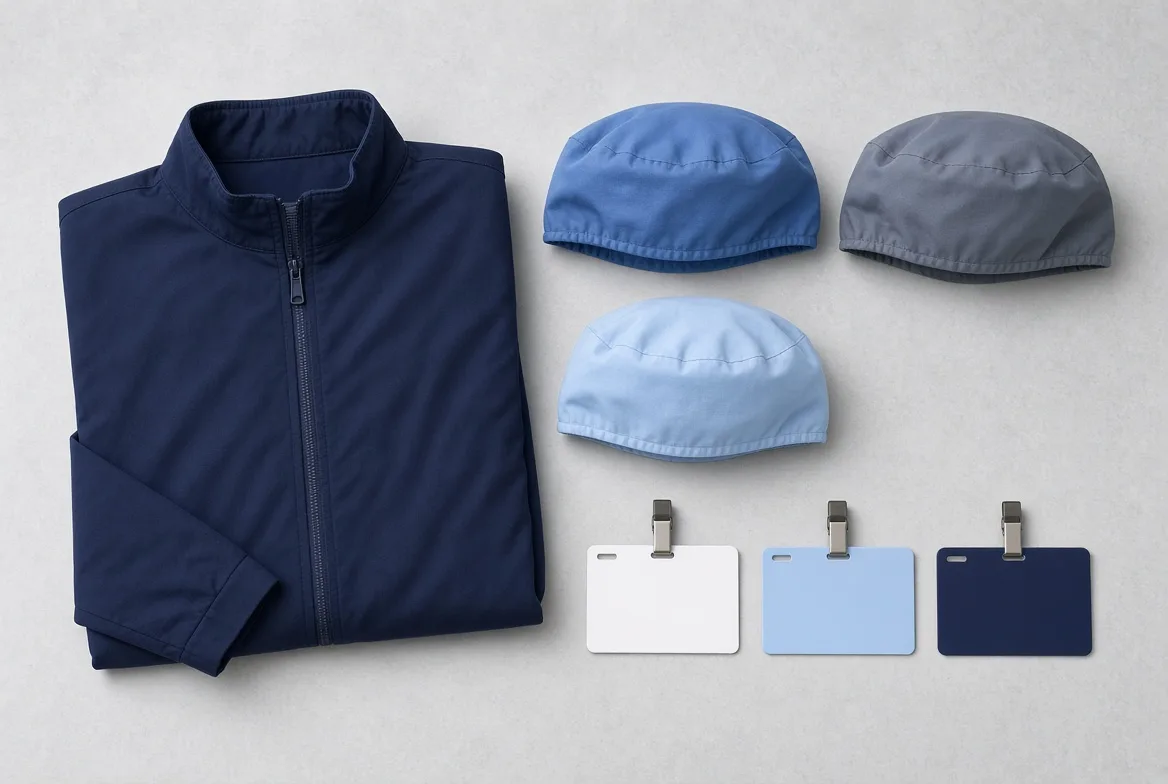 Warm-up jacket, scrub caps and role-ID badges