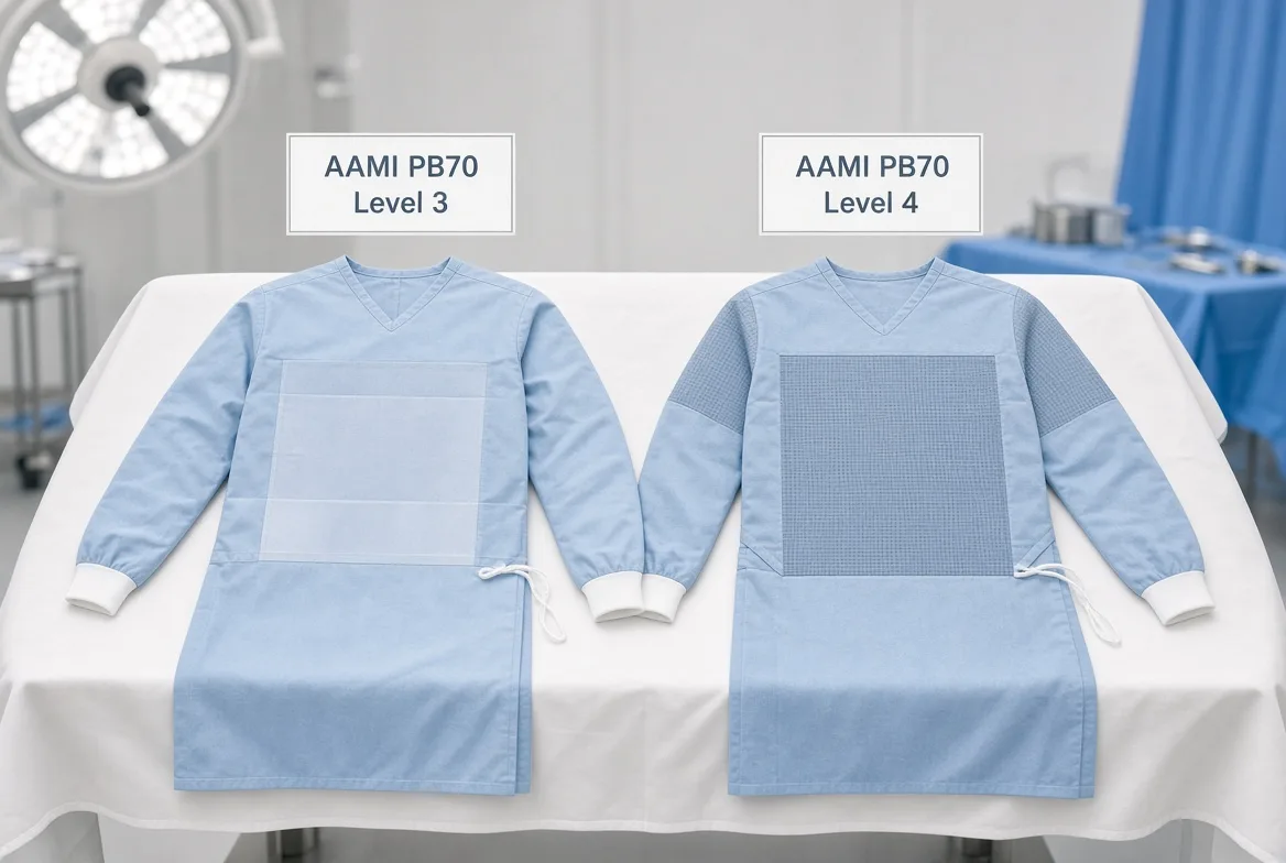 Two surgical gowns side by side, labelled AAMI PB70 Level 3 and Level 4