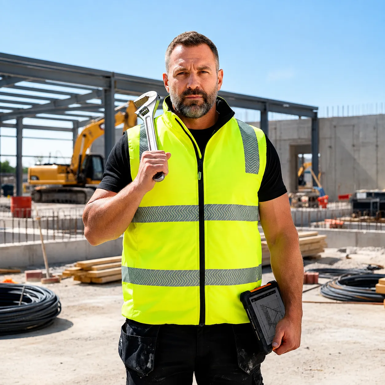 Worker wearing a custom ANSI hi-vis safety vest with reflective tape