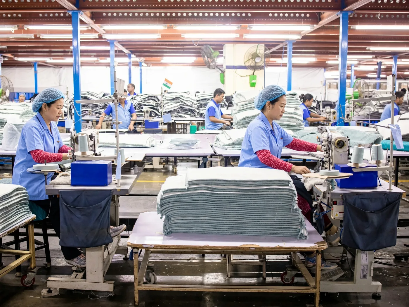 Medical uniforms folded and stacked on the factory floor before dispatch